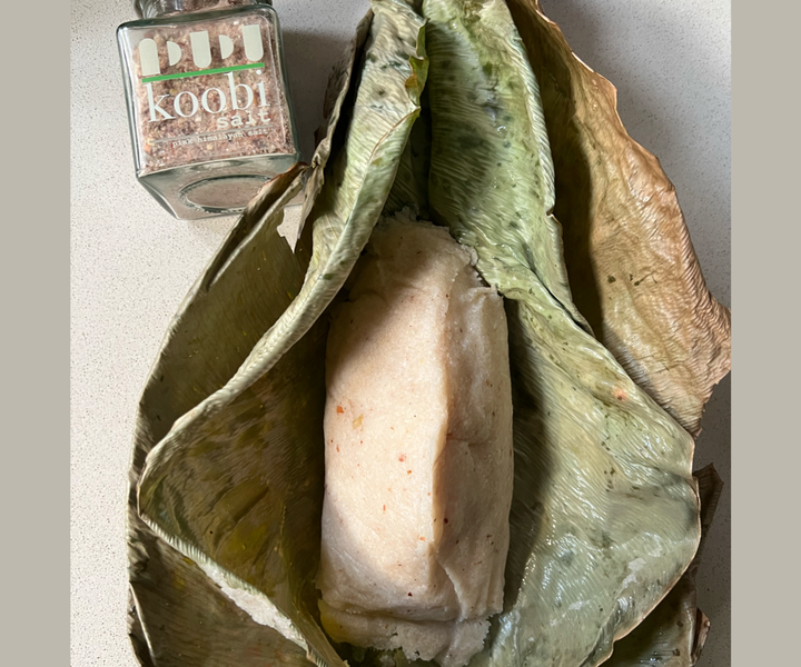 Koobi & Coconut oil infused Eba in Leaves using Koobi Salt