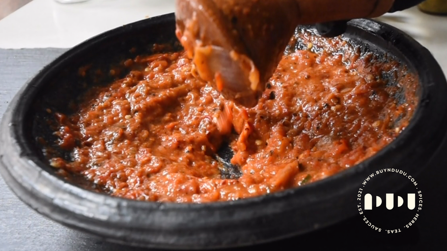 Charred Red Pepper Abomu in a Clay Grinding bowl using our Koobi blend