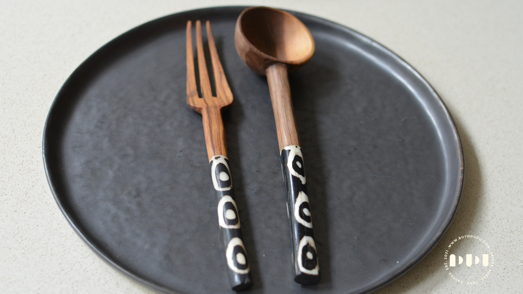 Olive Wood & Batik Bone design Spoon & Fork (Set of 2)